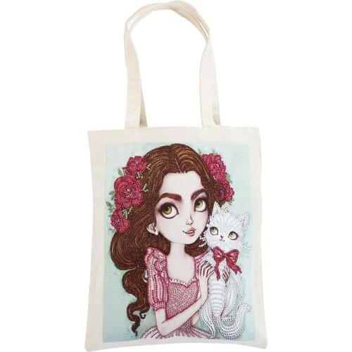 DIY Diamond Painting gir Reusable Gift Shopping Bag with Handles Grocery Fabric Tote Foldable, Strong& Eco Friendly bag