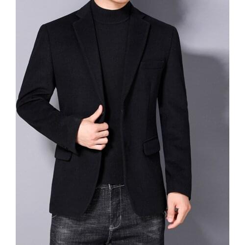 Autumn Winter Men Wool Blazers Black Navy Blue Dark Camel Woolen Blend Jacket Suit Notched Collar Design Smart Casual Outfits