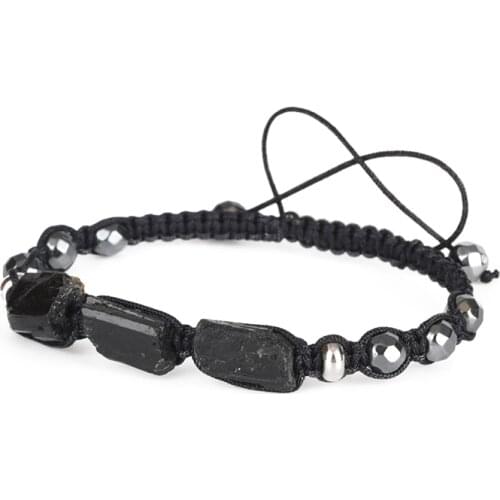 Natural Rough Black Tourmaline Healing Stone Bead Faceted Hematite Nylon Rope Adjustable Macrame Energy Bracelet Unisex Gift