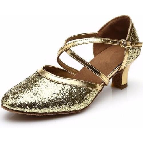 New Womens Gold Sliver Color Sequin Latin Shoes 5cm, 7cm Heel Height Cheap Tango Ballroom Salsa Dance Shoes