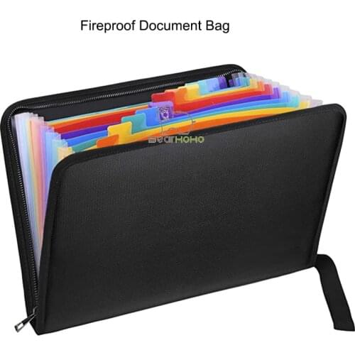 Fireproof Expanding File Folder 13 Multicolored Pockets A4 Size Document Organizer Color Labels Zipper Closure Portable File Bag