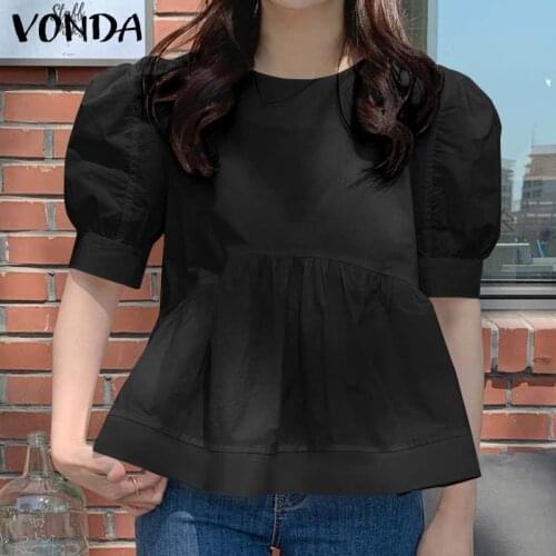 Casual Party Tops VONDA 2021 Women Half Sleeve Crew Neck Pleated Loose Solid Blouse Bohemian Blusas Femininas Office Shirts