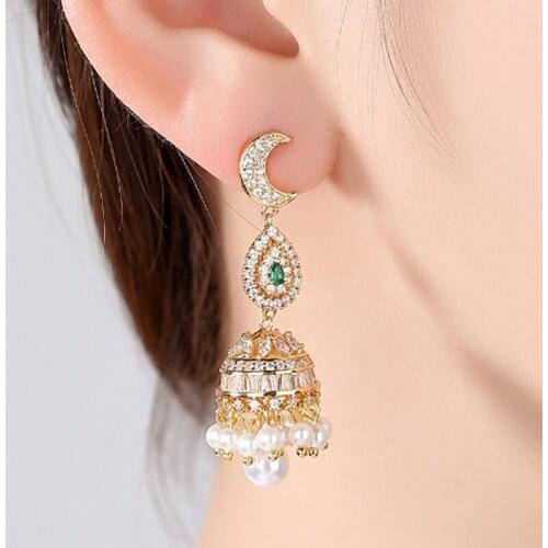 Zlxgirl Luxury brand AAA Mirco Paved zircon Pearl moon water Drop Stud Earrings fashion Indian And Dubai gold wedding earrings