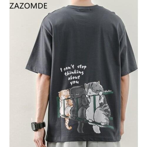 ZAZOMDE 2021 Man Shirt Casual Tshirt Homme O Neck Boys Clothes Summer Top Tees Kitten print T Shirt Funny Male Casual Tees