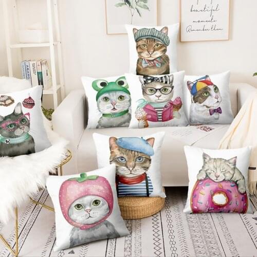 Hand Painted Cartoon Cat Printed Thin Linen Pillowcase Home Pillow Decoration Almofadas Decorativas Para Sofa Throw Pillow 45*45
