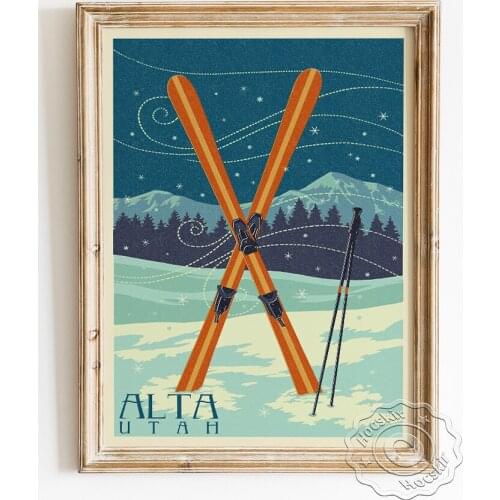 Utah Alta Travel Scenic Spot Advertising Poster, Crossed Skis Letterpress Art Prints, Snow Mountain Night Scene Illustration
