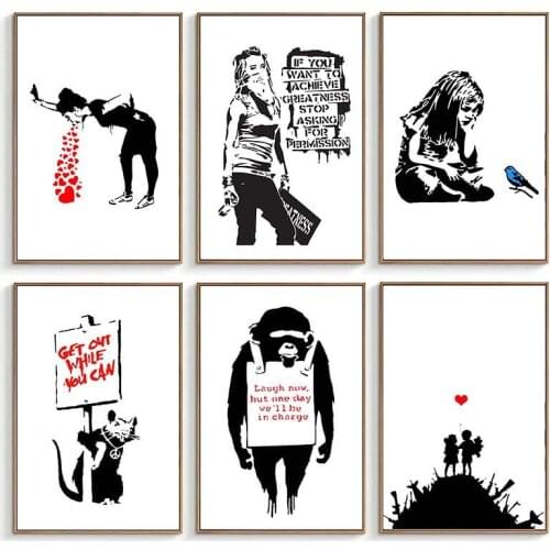 Modern Banksy Graffiti Art Canvas Painting Abstract Black White Posters and Prints Wall Art Pictures for Living Room Home Decor