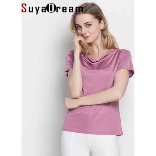 SuyaDream Women T shirt Natural silk Draped Collar Short Sleeves Plus size Bottoming Shirt 2020 FALL Solid Top
