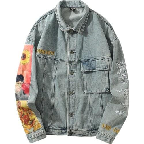 PERHAPS U Light Blue Denim Jacket Turn Down Collar Button Long Sleeves Vintage Print Embroidery Loose Jackets Van Gogh C0509
