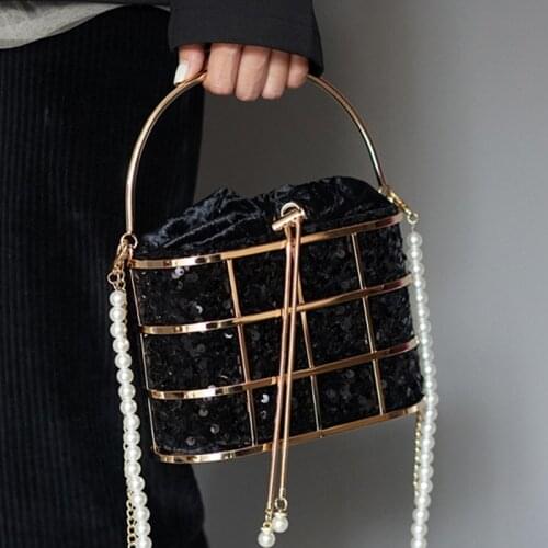 Evening Clutch Bags For Women Sequins Hollow Out Preal Beaded Metallic Cage Handbags Ladies Wedding Party Purse