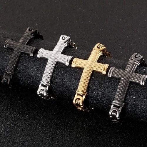 Vintage Stainless Steel Cuff Bracelets For Men Link Chain Cross Bracelet Mens Religious Jewellery Name Logo Engrave Free Make