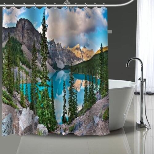Custom High Quality Landscape Mountains Lake Shower Curtains Bath Products Bathroom Decor Waterproof Polyester With 12 Pcs Hooks