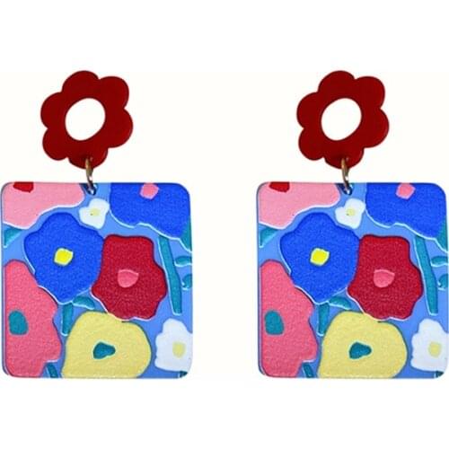 Korean Color Flower Earrings Ins Geometric Rectangular Girly Style Sweet Acrylic Earrings Women New Arrival Wholesale