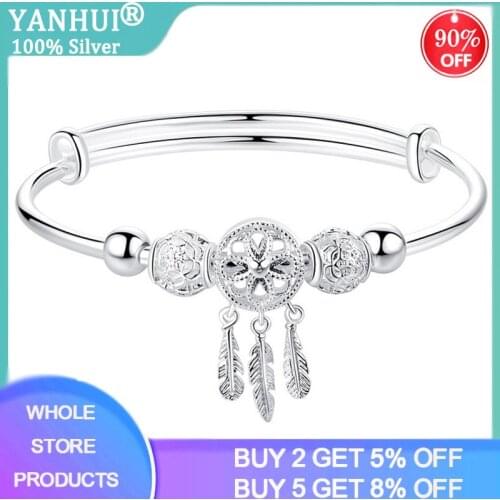 Adjustable 925 Sterling Silver Dreamcatcher Tassel Feather Round Bead Charm Bracelet &Bangle For Women Elegant Jewelry SL343