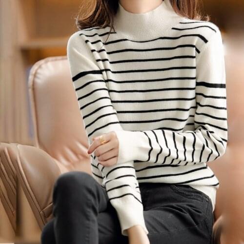 Pullover Womens 100% Wool Cashmere knitted Sweater womens slim half high neck pullover casual all-match long-sleeved bottoming