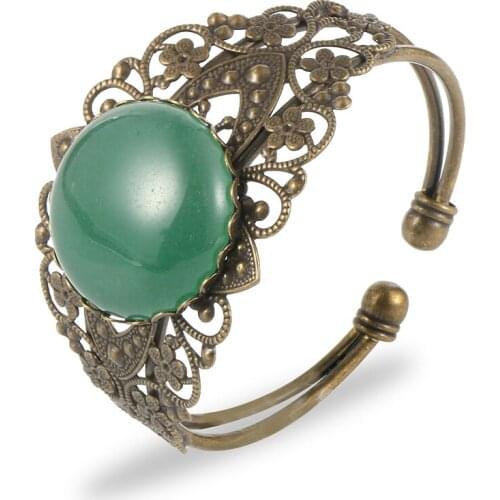 Women Natural Gem Stone Vintage Copper Cuff Bangles Bracelet Trendy Crystal Green Aventurine Bead Wide Opening Adjustable Bangle