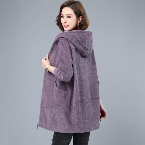 Women Corduroy Coat 2021 New Spring Autumn Long Jacket Plus Size 5XL Middle Aged Mother Hooded Windbreaker Coat H186