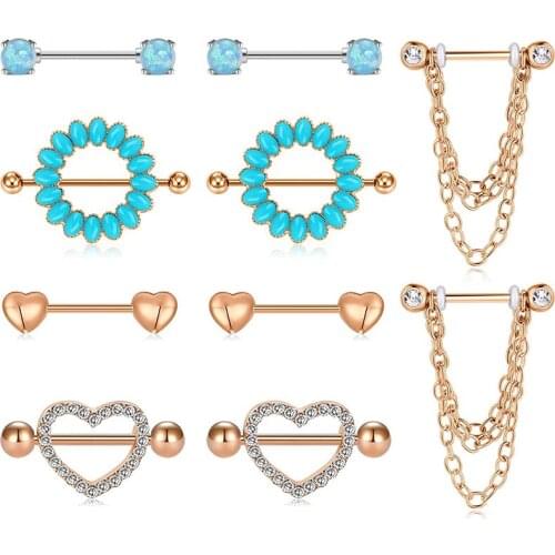 14g Nipple Rings Heart Nipplerings Piercing Dangle Chain Barbell Round Blue Opal Nipple Bar Silver Rose Gold