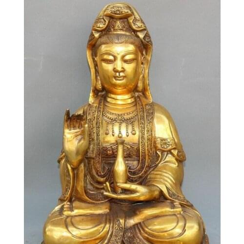 17" China Buddhism Bronze Gilt Kwan-yin Guanyin Guan Quan Yin Bodhisattva Statue