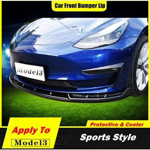 New 3Pcs Carbon Fiber Look/Black Car Front Bumper Splitter Lip Body Kit Spoiler Diffuser Guard For Tesla Model 3 Sedan -2019