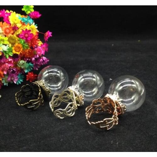 5sets/lot 25*15mm Clear Ball glass globe dome with flower party adjustable ring diy glass bottle ring handmade jewelry supplies