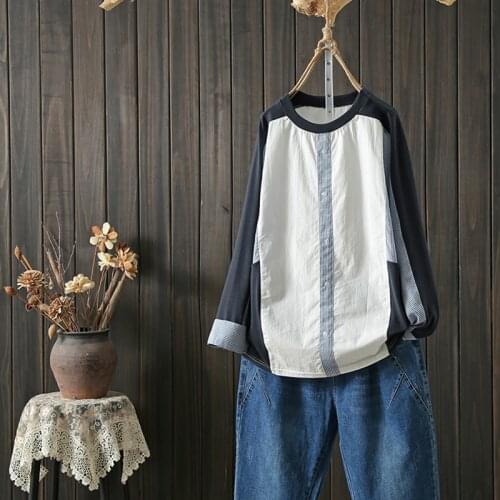 Oversized Loose Patchwork Women Shirts O-Neck Long-Sleeved Vintage Striped Female Pulls Outwear Tops