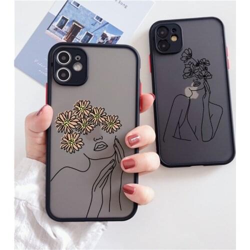 Abstract couple line drawing girl coque for iPhone 11 12 Pro xr xs max 6 7 8 plus SE 2020 Luxury Transparent Matte PC Back Cover
