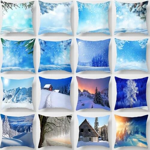 European and American style Winter beautiful snow scene House Blue sky Pillowcase Cushion cover Sofa Car Home decoration
