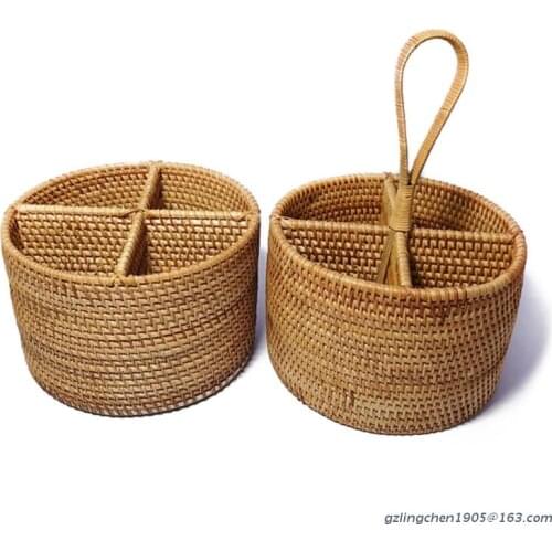 P8DE Round Hand Woven Storage Basket 4 Compartment Desktop Storage Serving Basket Creative Organizer Household Collection Retro