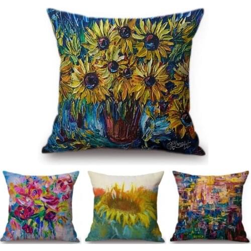 Oil Painting Floral Sunflower Red Rose Decorative Pillows Cases Abstract Impressionism Colors Cotton Linen Outdoor Cushion Cover