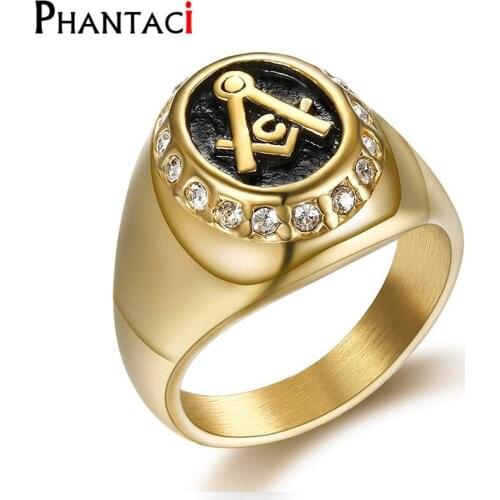 No Fade AG Stainless Steel Rings For Men Mason Freemasonry Retro Mens Ring Masonic Mens Rings Gold Color Anillos Bague