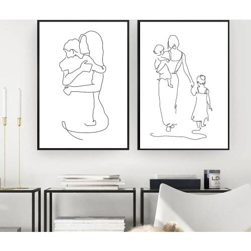 Mother and Daughters Son Art Line Drawing Wall Art Print Nordic Canvas Painting Posters Wall Pictures for Kids Room Decoration