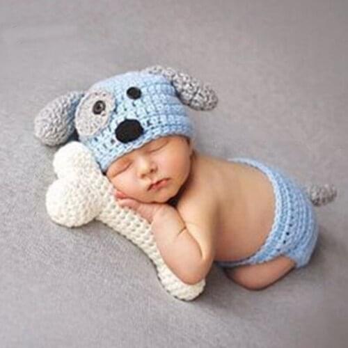 Newborn Photography Props Baby Khawaii Dog Hat Costume Set with Bone White Blue Knitted Beanies Infant Photography Accessories