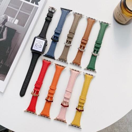 For Apple Watch Band 44mm Lychee Texture Leather 304 Stainless Buckle Strap for Apple Watch 40mm 42mm 38mm Watch SE Wristband