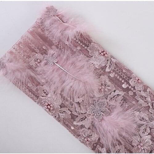 Mesh lace embroidery fabric beading and flower binding three-dimensional feather embroidery cloth dress fabric