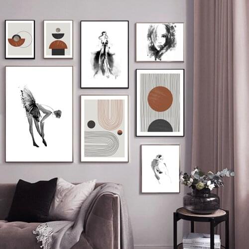 Modern Geometry Abstract Canvas Painting Wall Art Picture Black and White Lady Figure Poster and Print Living Room Home Decor