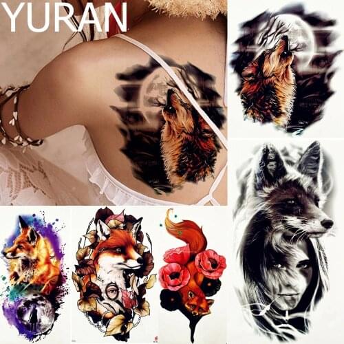 YURAN Beauty Women Large Moon Fox Tattoos Temporary Black Body Arm Neck Art Tattoo Sticker Men Roar Wolf Tatoos Fake Rose Decals
