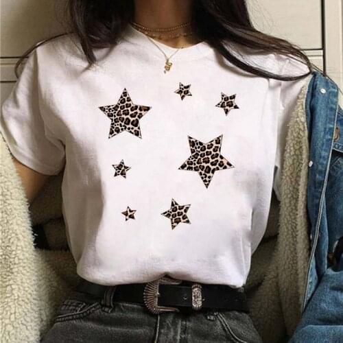 Womens T-shirts Leopard Star Cute Printing Fashion 90s Short Sleeve Summer Clothes Tshirt O-neck Female Tee Top Graphic T-shirt