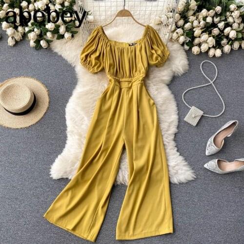 Women Solid Rompers Korean Short Sleeve Square Collar Wide Leg Jumpsuits Summer Off Shoulder Vacation Rompers
