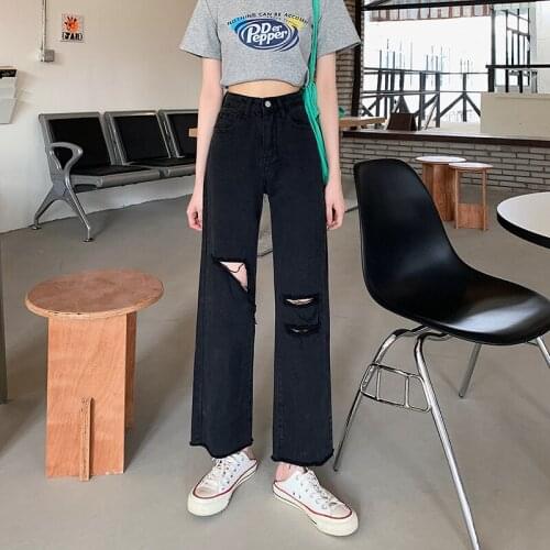 Varofi 2021 pants oversize loose jeans high waist straight Pants Black Jeans Y2K jeans high street hole jeans