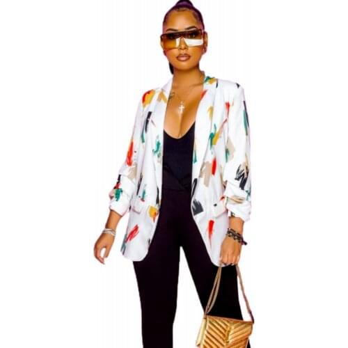 Cardigan Long Blazers Women Notched Neck Full Sleeve Jackets Autumn Thin Graffiti Print Fashion Elegant Office Lady Blazer 2021