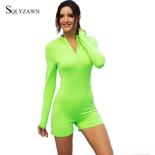Women Sexy Long Sleeve Bodycon Playsuit Streetwear Green Orange Zipper Overall Neon Short Romper Club Skinny One Piecce Outift