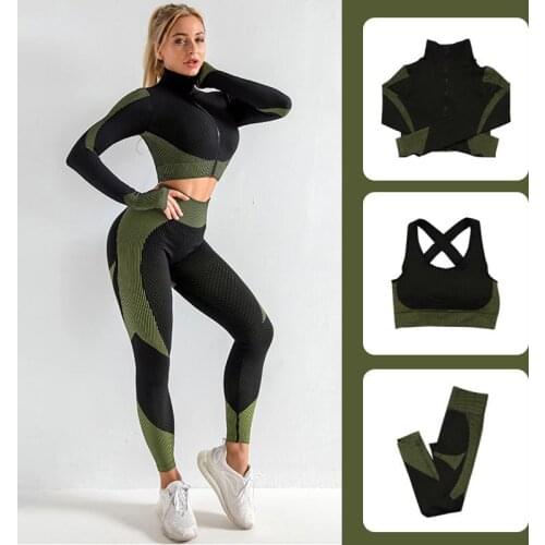 Womens Tracksuit Seamless Yoga Set Fitness Sportswear Workout Gym Clothing Long Sleeve Crop Top High Waist Leggings Sports Suit