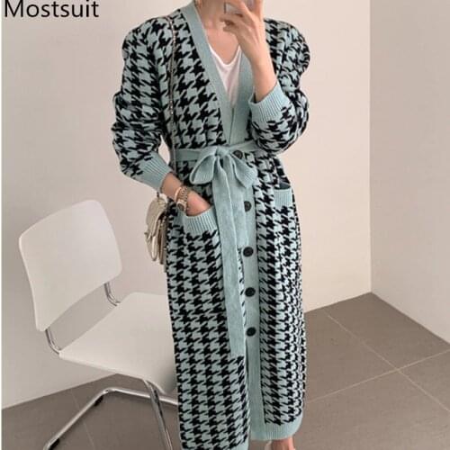 2019 Winter Houndstooth Knitted Long Cardigan Sweater Women Long Sleeve V-neck Belted Single Breasted Vintage Korean Fashion Top
