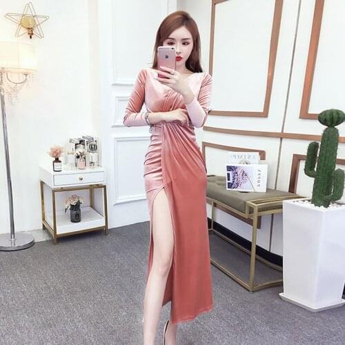 Women 2021 Spring Autumn Chic Elegant V-neck Long Sleeve Dress Female Slim Waist Gold Velvet Midi Dresses Vestidos Mujer Z281