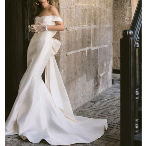 Off-Shoulder French Style Sweep Train Wedding Dress Elegant Soft Satin Sheath Backless Bridal Gowns vestidos de mairee Wedding