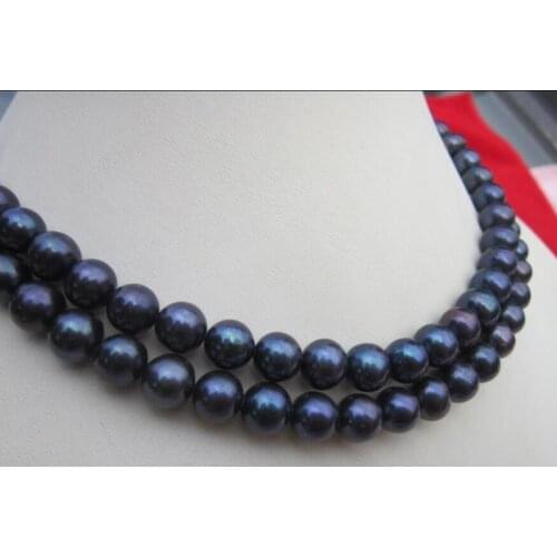 2 ROW 9-10MM TAHITIAN NATURAL BLACK PEARL NECKLACE YELLOW GOLDEN 18-19"