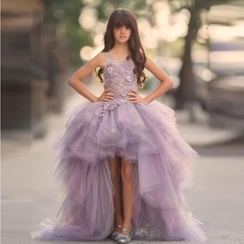 2019 Tulle High Low Girl Pageant Dress Lovely Flower Girl Dress 3D Floral Appliques Girls Prom Gown Junior Birthday Party Dress