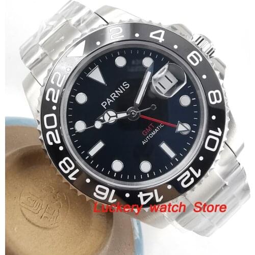 40mm Parnis Black Ceramic Bezel black dial red GMT luminous marks sapphire glass automatic Mens Watch-PA50