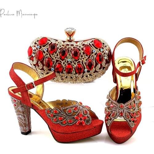 African 2021l Nigerian Fashion Style Italian Design Women Shoes and Bag Set Decorated With Rhinestone in Red Color for Party